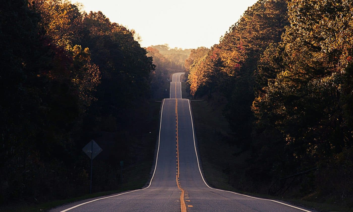 Carretera entre árboles en otoño